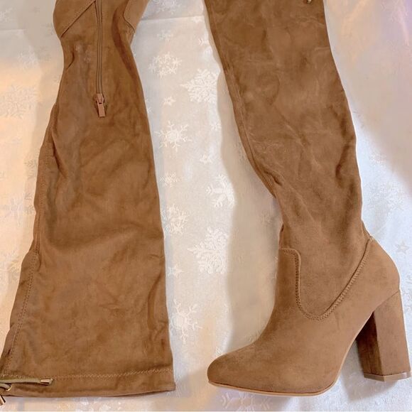 NWOT Love Athena Over the Knee Boots Nia 3.5” Heel Tan Vegan Suede Sz 6.5 - Picture 4 of 6
